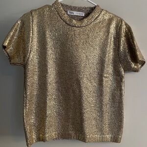 Zara Gold Short Sleeve Tee Metallic Shine